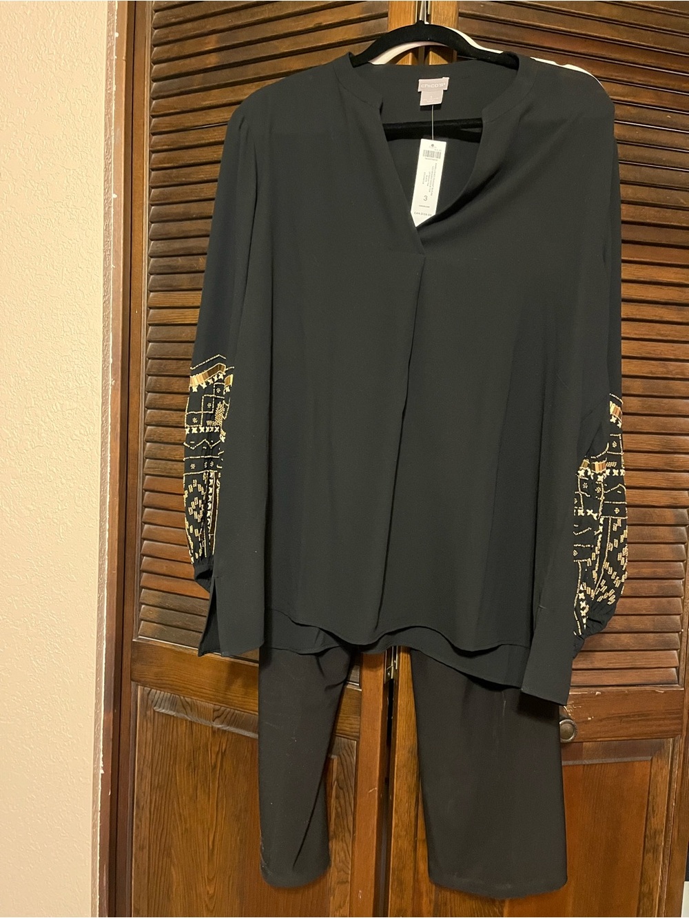 Chico's Black Tunic with Gold Sleeve Embroidery and black elastic waist pants